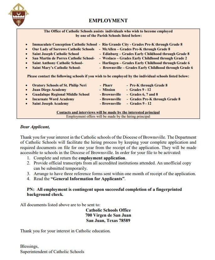 Employment St. Anthony Catholic School Harlingen, TX